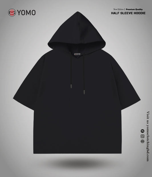 HALF SLEEVE HOODIE /   OVERSIZE SOLID  - BLACK